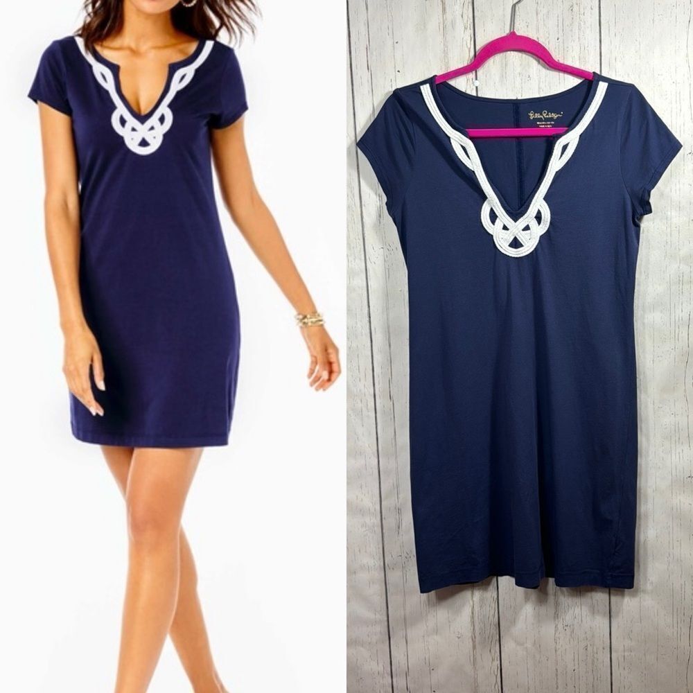 Lilly Pulitzer Navy Shift Dress Pima Cotton Resort Preppy Coastal Chic Size M